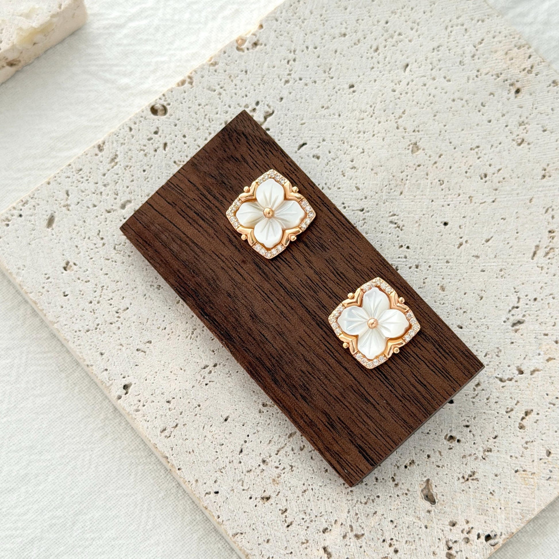 delicate clover earrings gold shell flower stud minimalist everyday jewelry