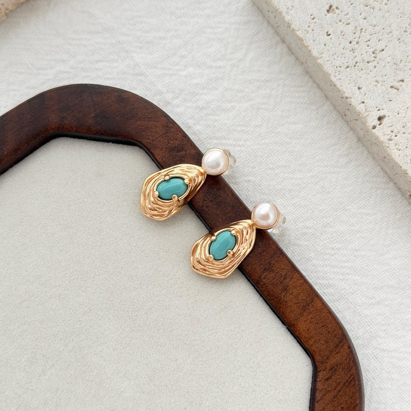 gold drop earrings with turquoise stone and pearl top bold statement earrings