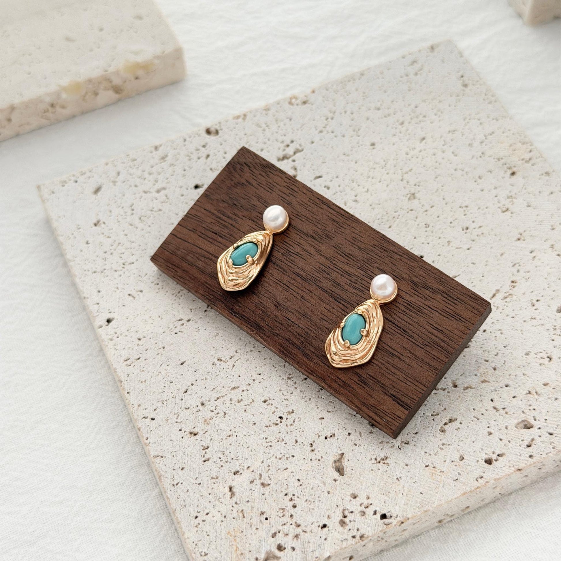 turquoise earrings gold organic shape drop earrings pearl accent jewelry