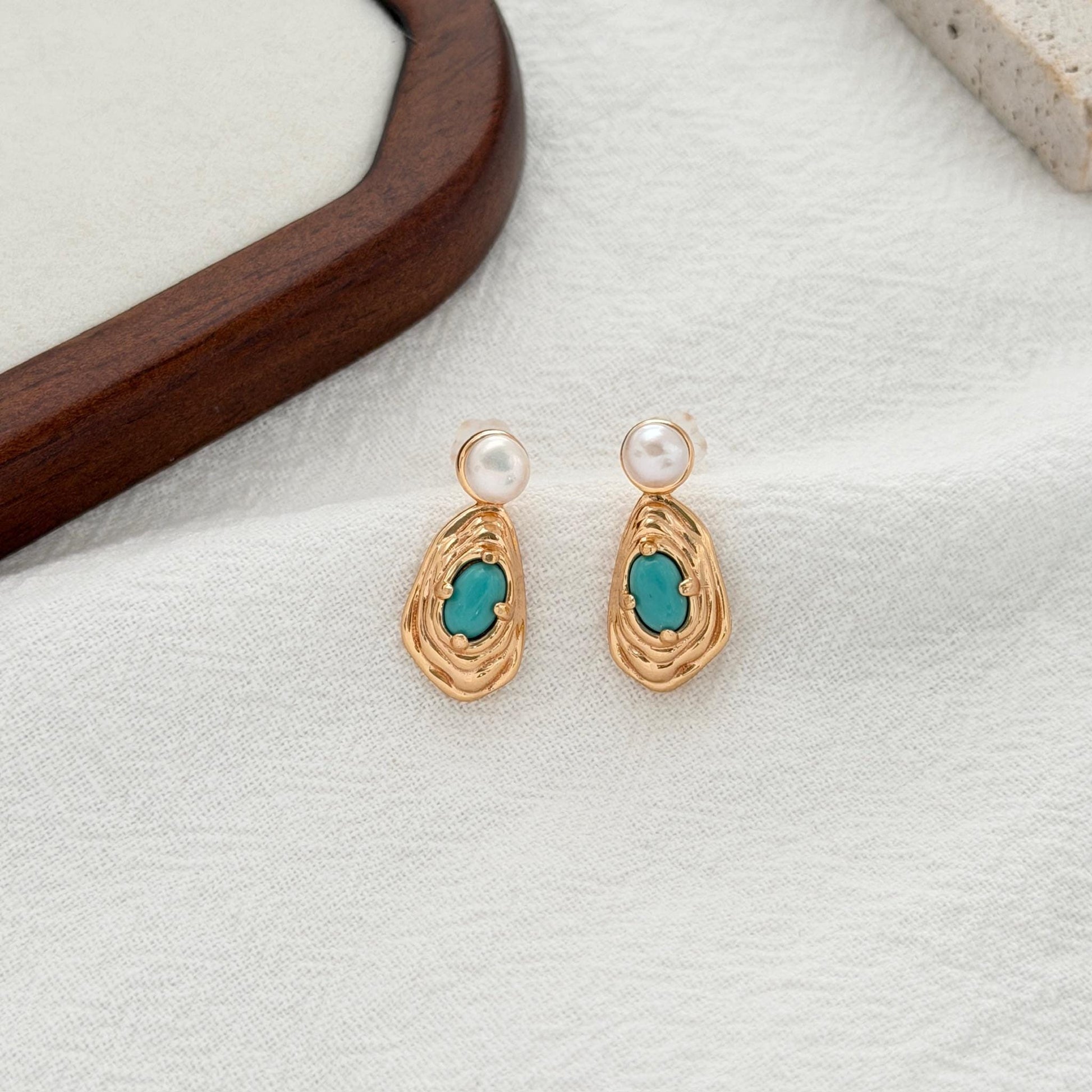 pearl stud drop earrings with turquoise stone gold statement earrings
