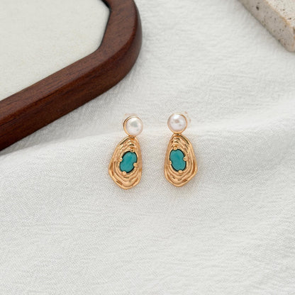 pearl stud drop earrings with turquoise stone gold statement earrings