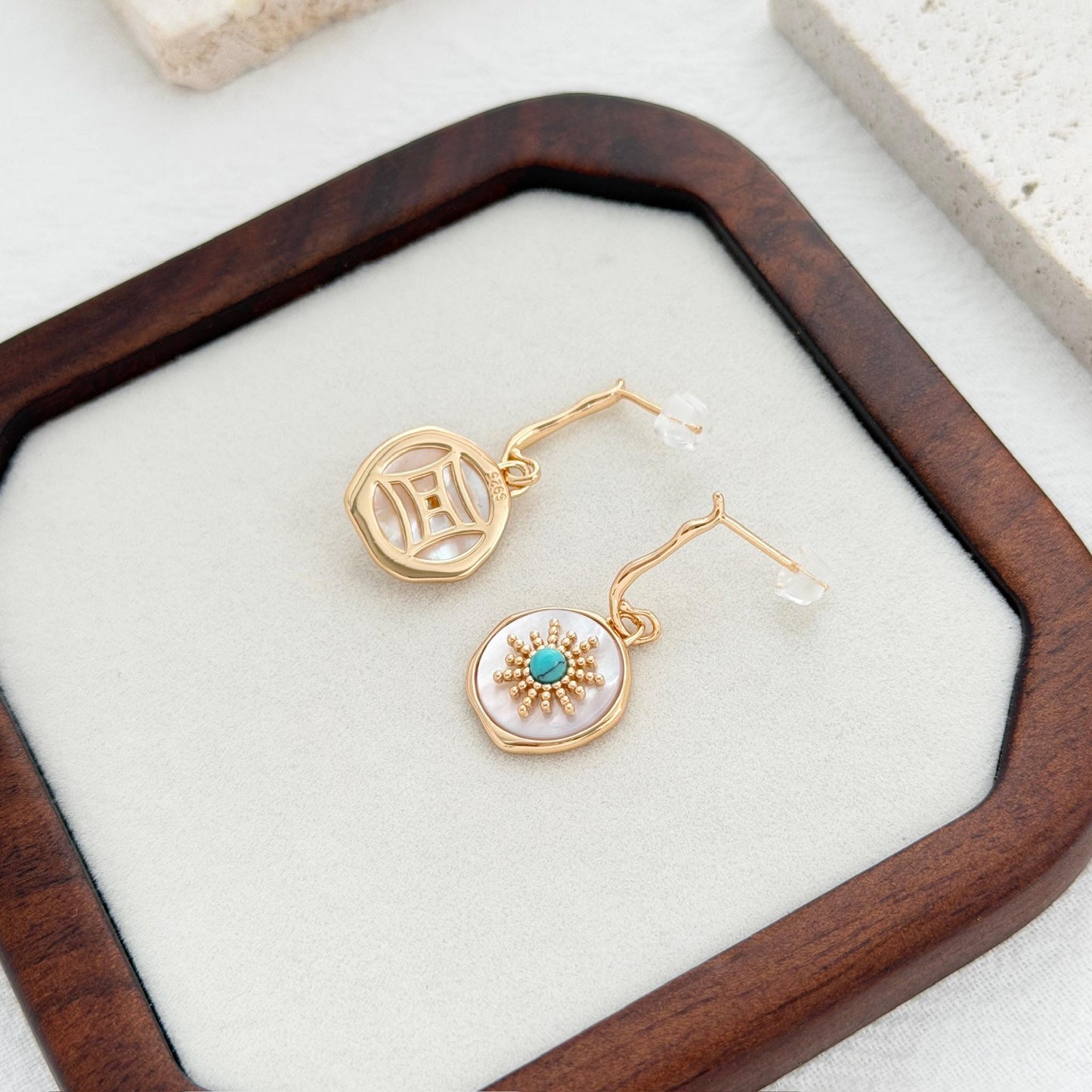 boho sun earrings turquoise and shell gold drop earrings summer jewelry