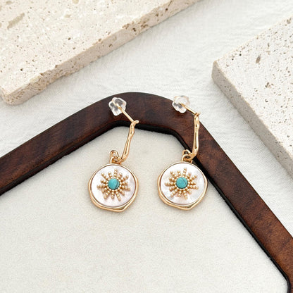 sunburst earrings gold turquoise and shell statement drop earrings