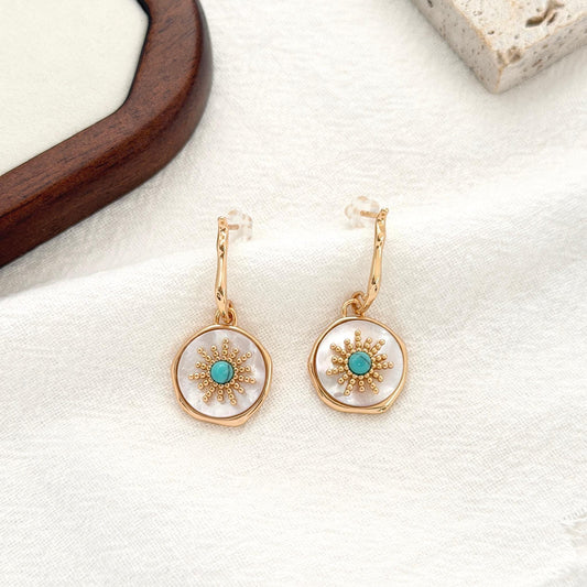 turquoise and shell earrings gold sunburst design drop earrings