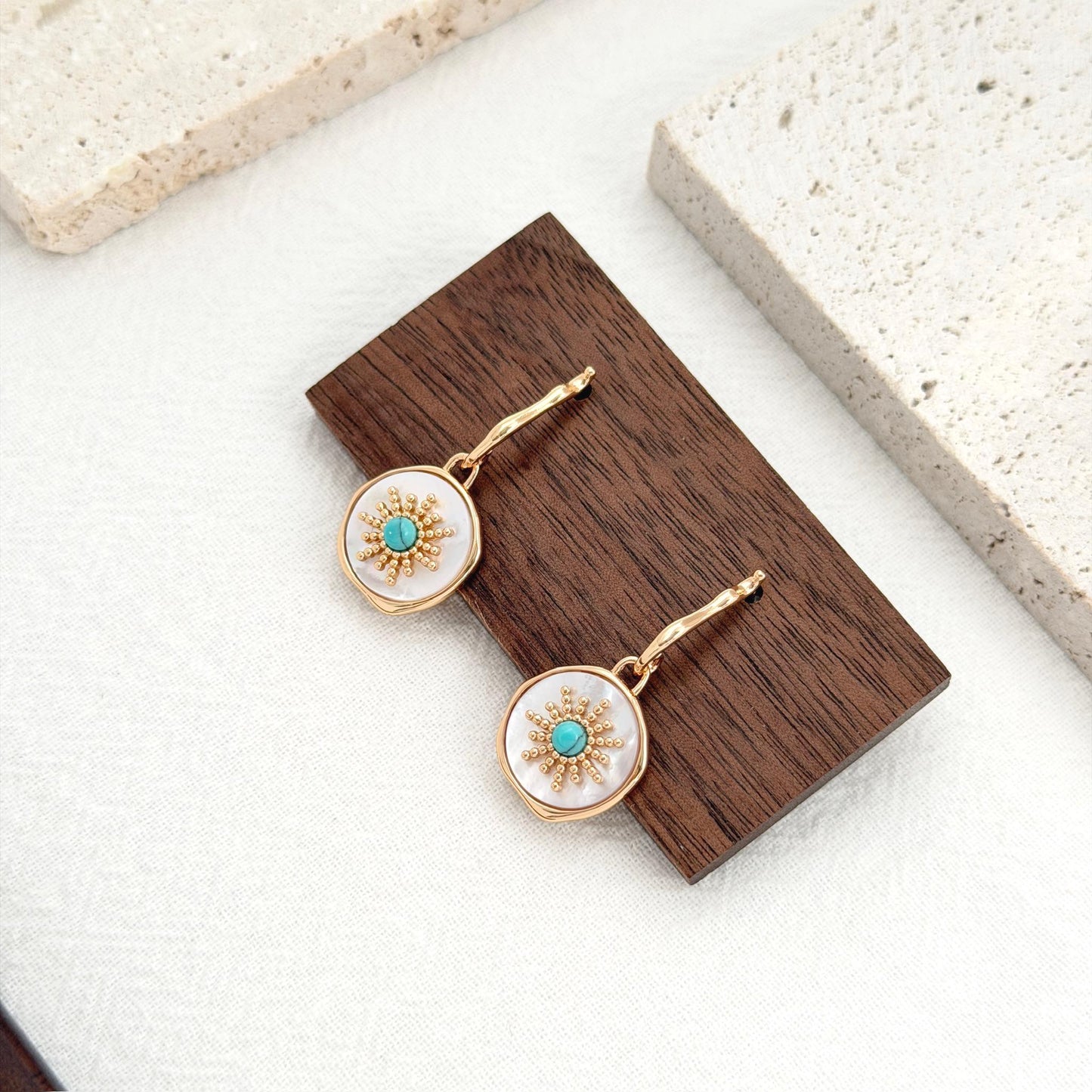 turquoise sun earrings gold drop earrings shell disc statement jewelry