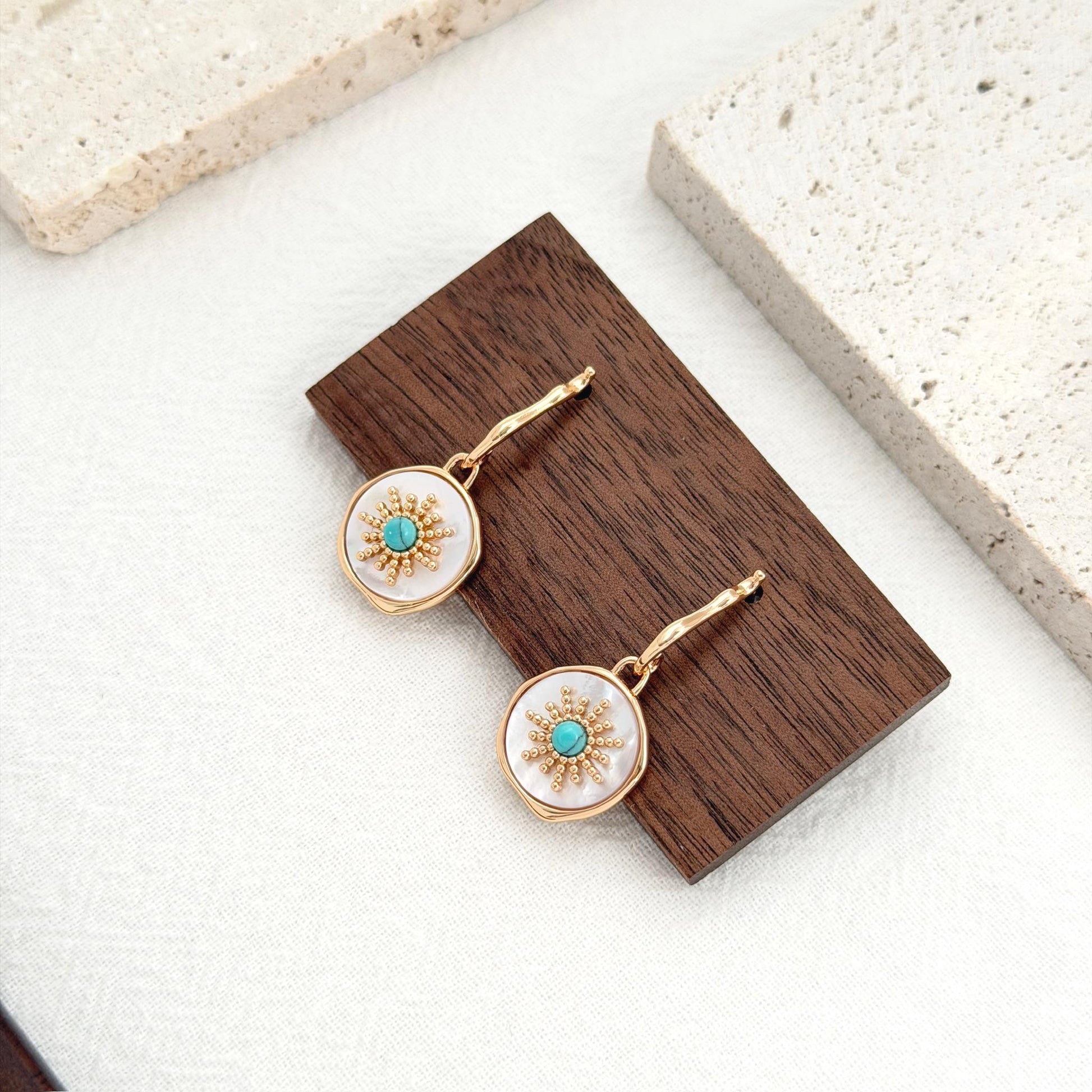 turquoise sun earrings gold drop earrings shell disc statement jewelry