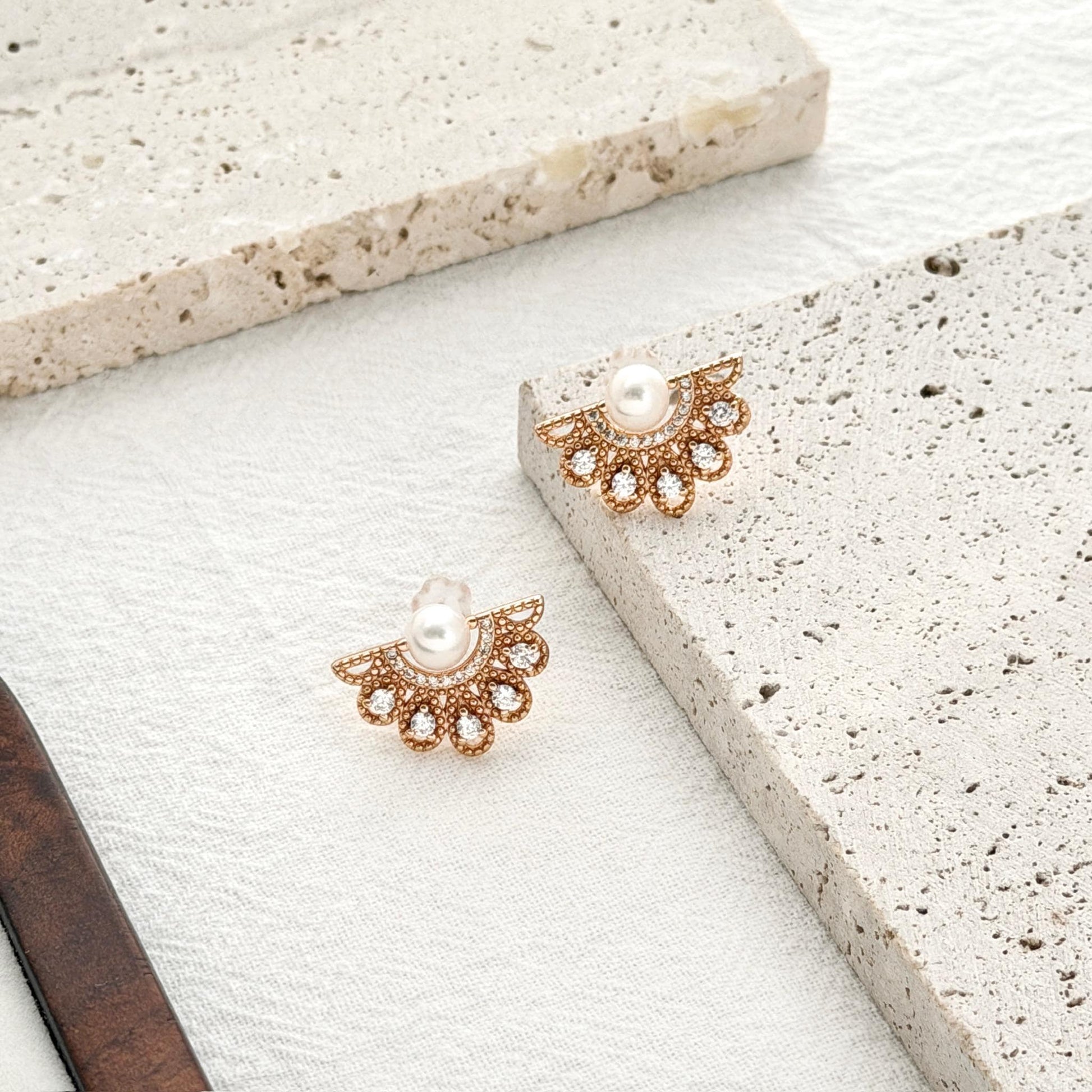 gold fan earrings with pearl and cz stones elegant statement jewelry