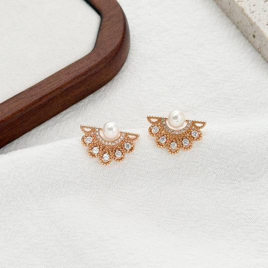 pearl and cubic zirconia earrings gold fan shape statement stud earrings
