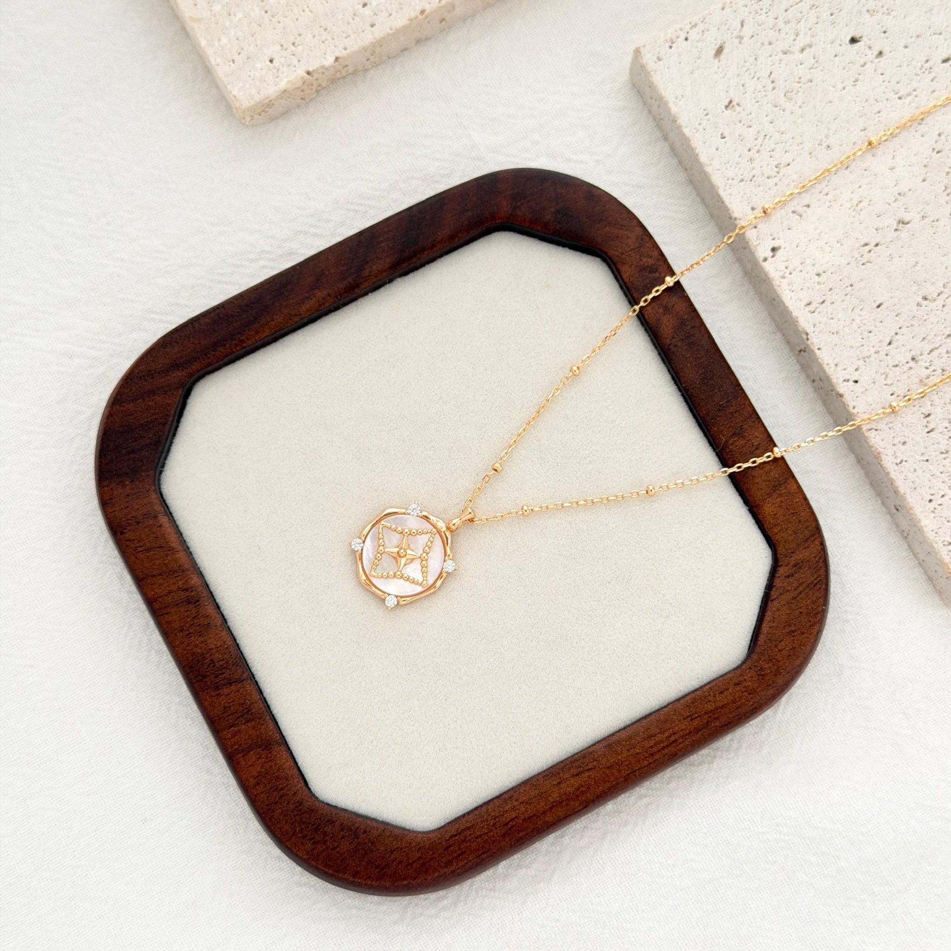 mother of pearl star necklace gold circle pendant dainty jewelry