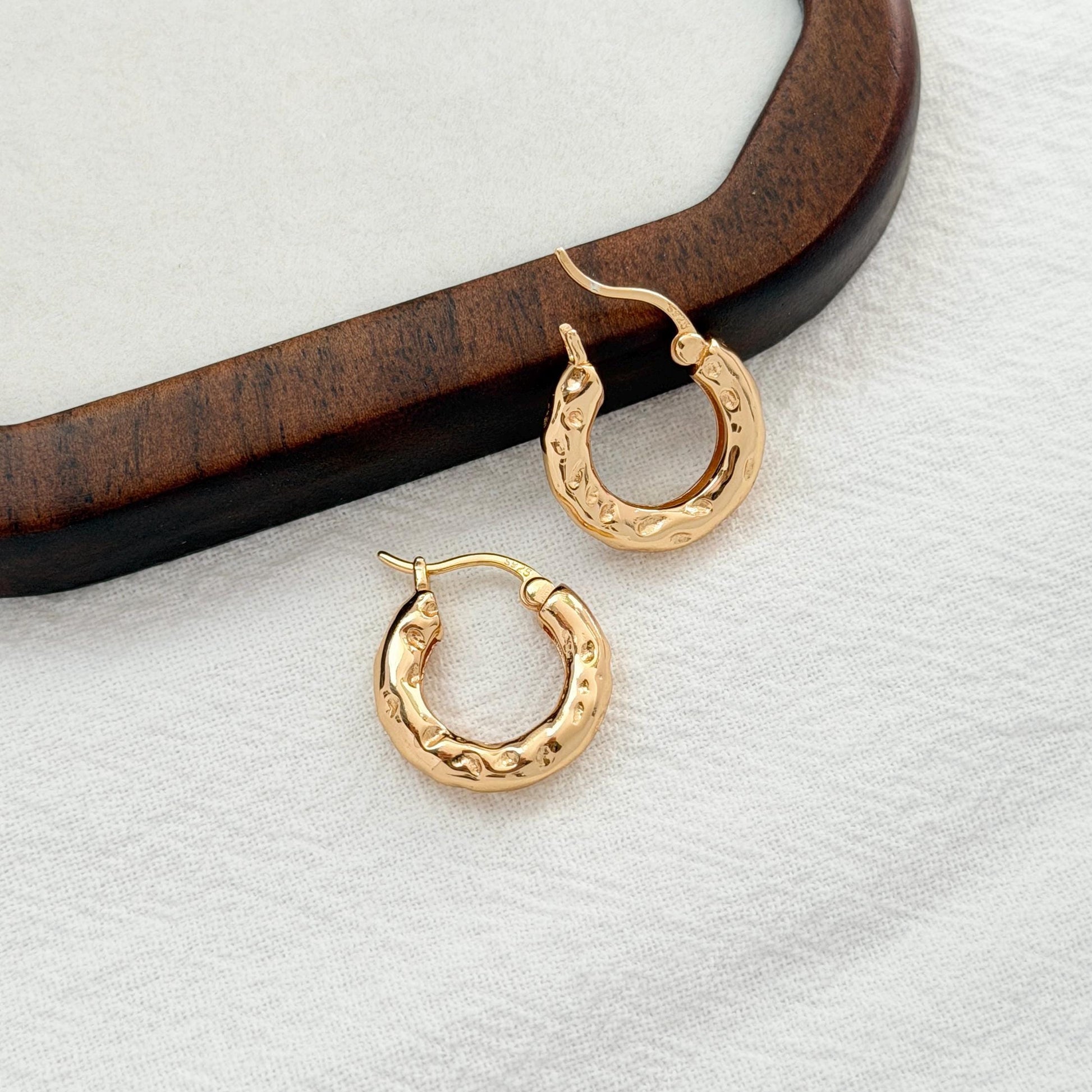 gold huggie earrings with hammered texture small hoop earrings minimalist jewelry
