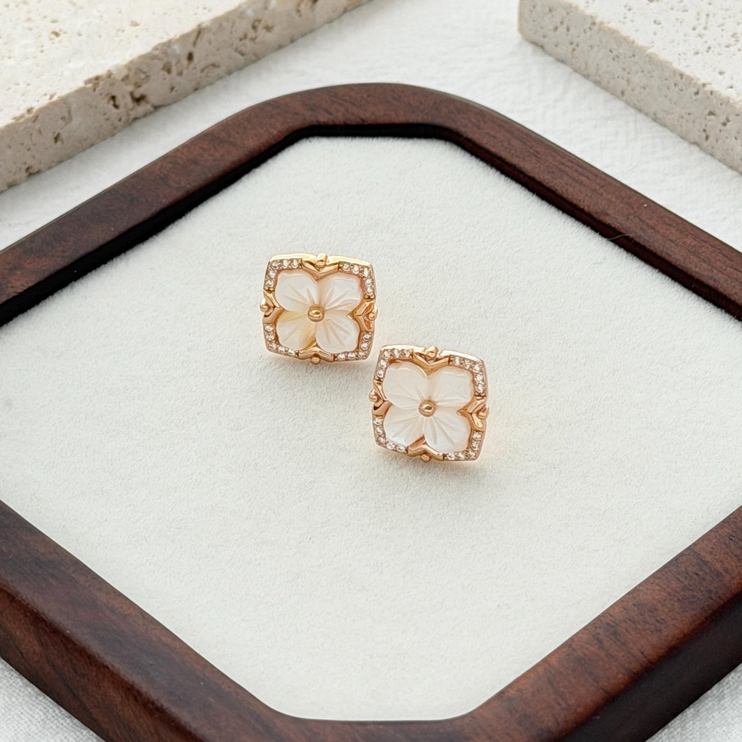 dainty gold floral stud earrings with mother of pearl for everyday wear gift for her