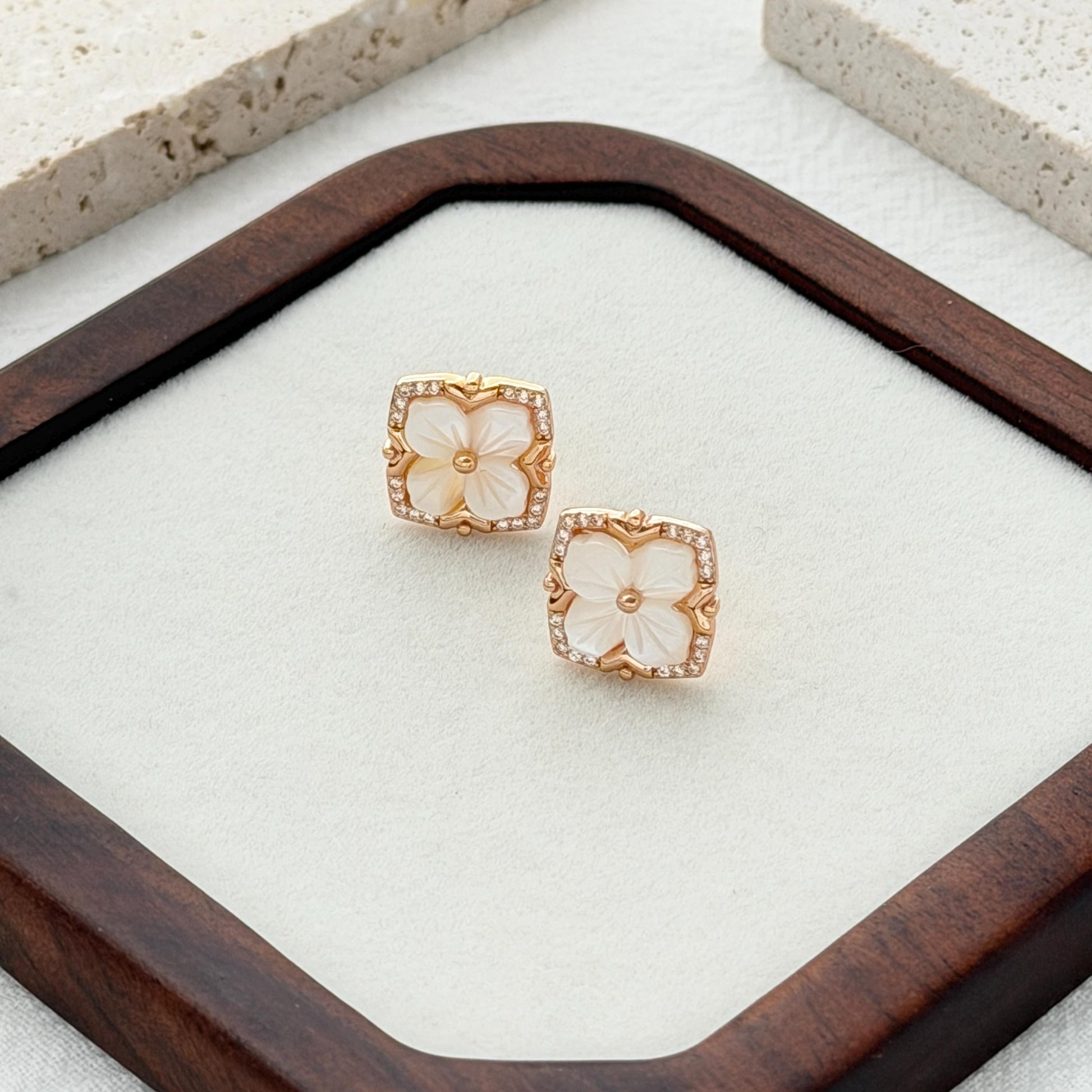 dainty gold floral stud earrings with mother of pearl for everyday wear gift for her