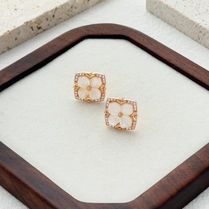 dainty gold floral stud earrings with mother of pearl for everyday wear gift for her