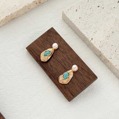 turquoise and pearl earrings gold textured drop earrings statement jewelry
