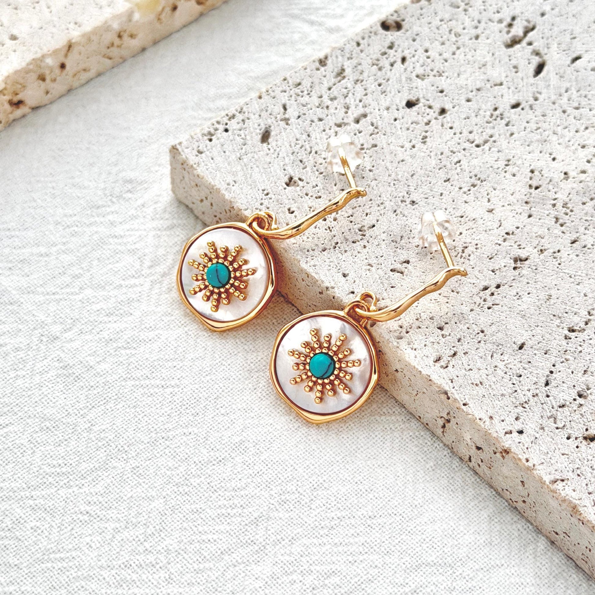 celestial sun earrings gold drop earrings turquoise stone statement jewelry