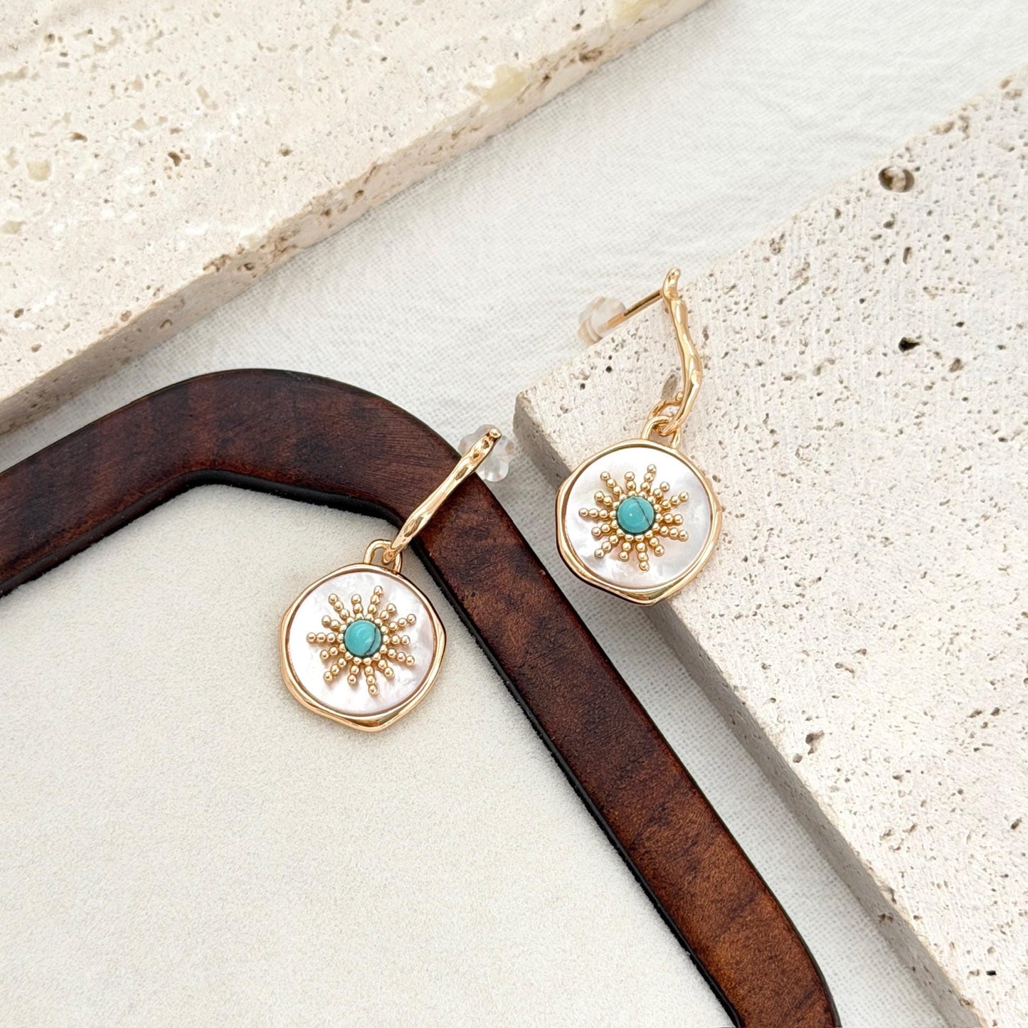 turquoise earrings gold sun design shell circle drop earrings