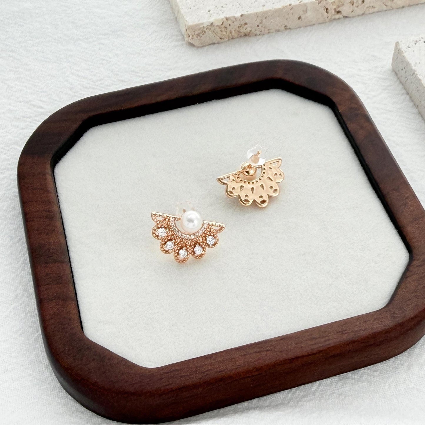 gold statement earrings pearl top fan shape with cubic zirconia