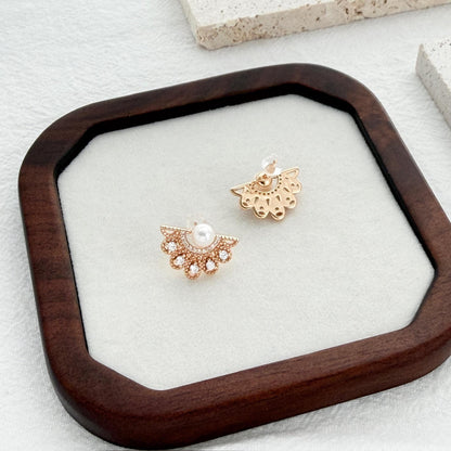 gold statement earrings pearl top fan shape with cubic zirconia