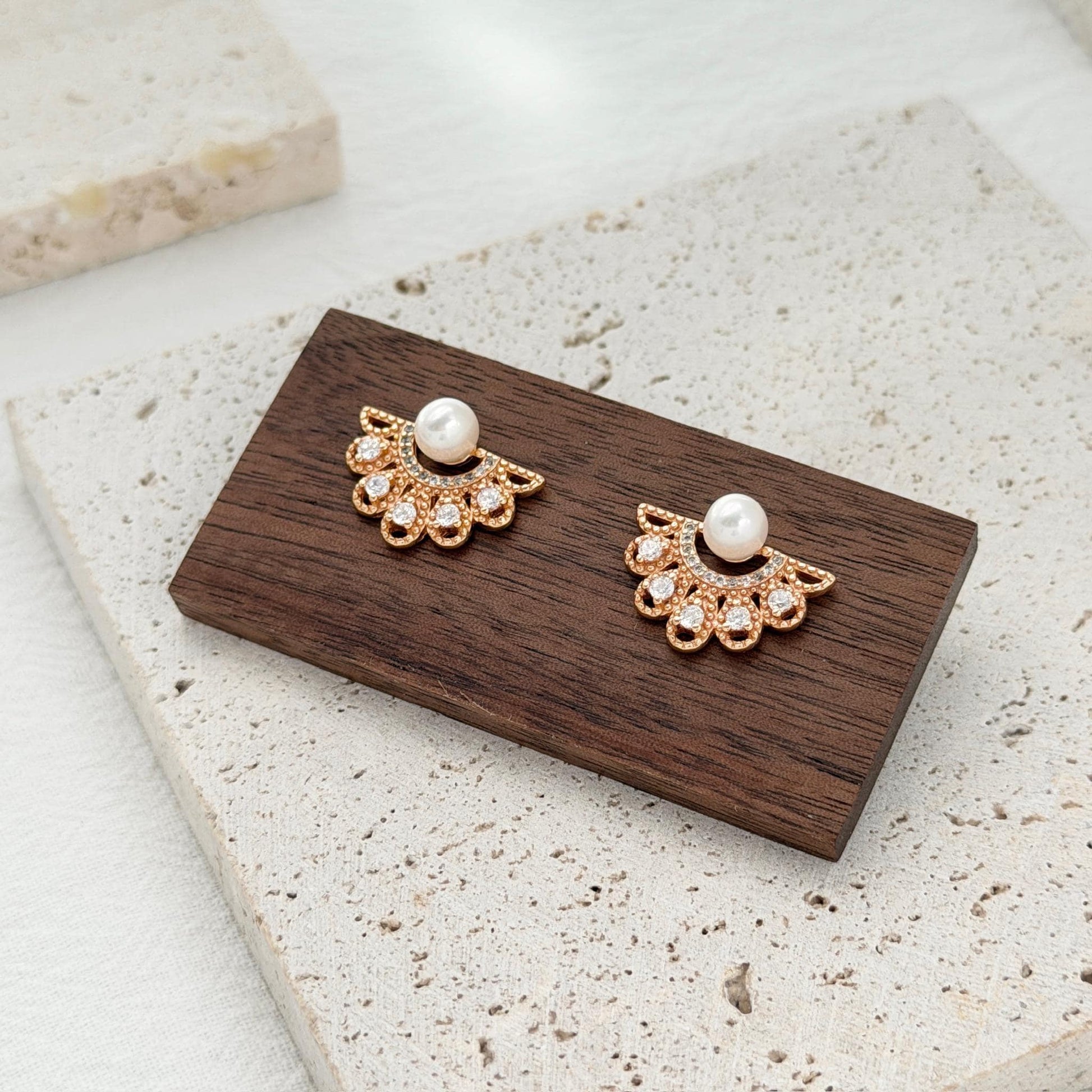 cz fan earrings gold statement studs pearl accent elegant jewelry