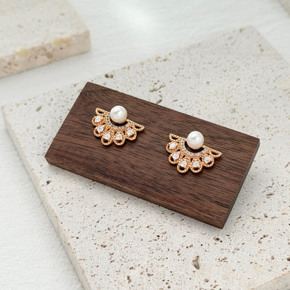 cz fan earrings gold statement studs pearl accent elegant jewelry