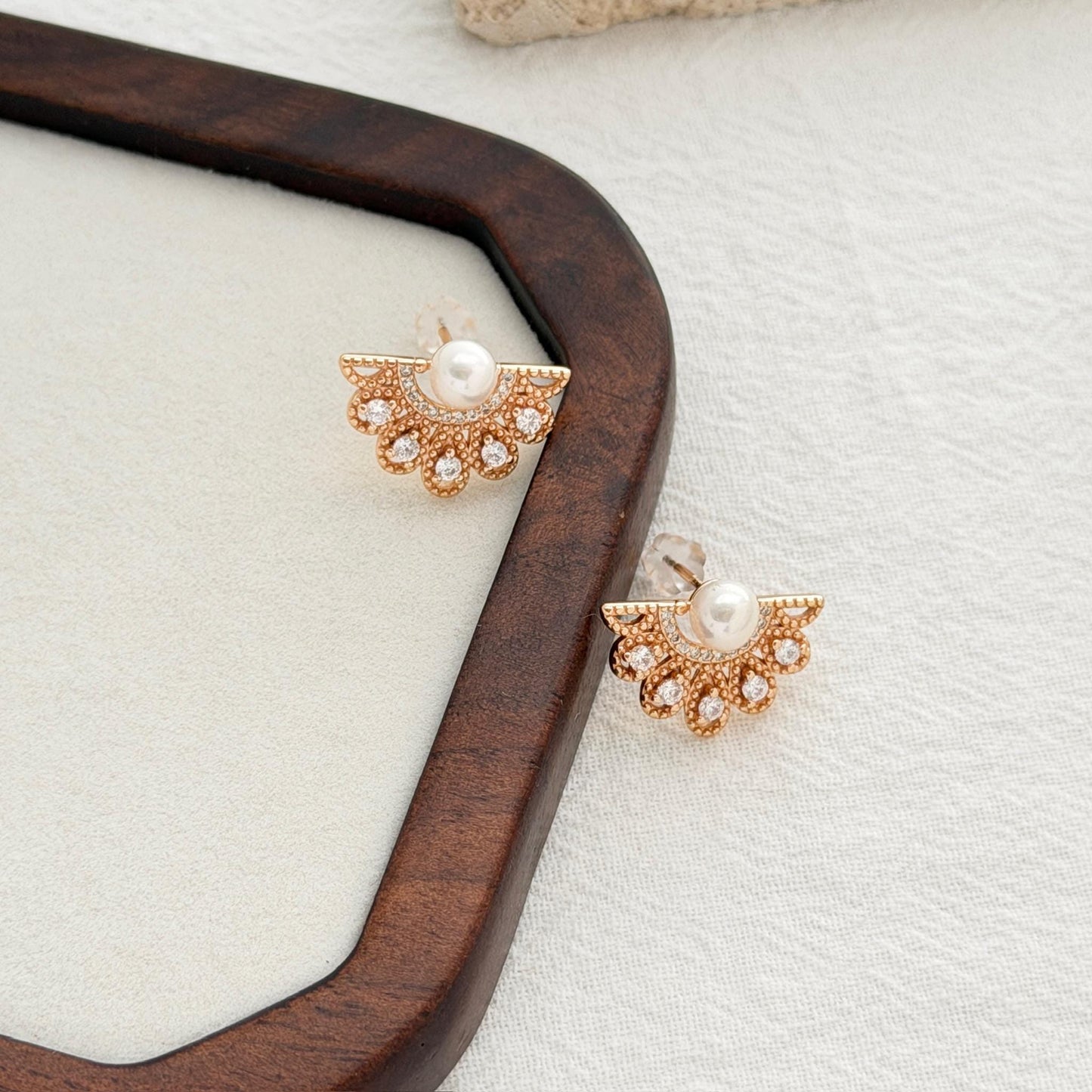 pearl and cz earrings gold peacock fan design statement earrings
