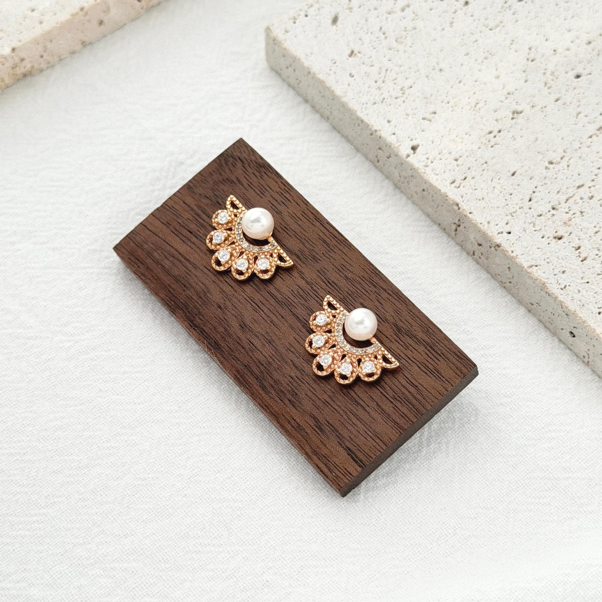 pearl fan stud earrings gold cz statement earrings elegant bridal jewelry