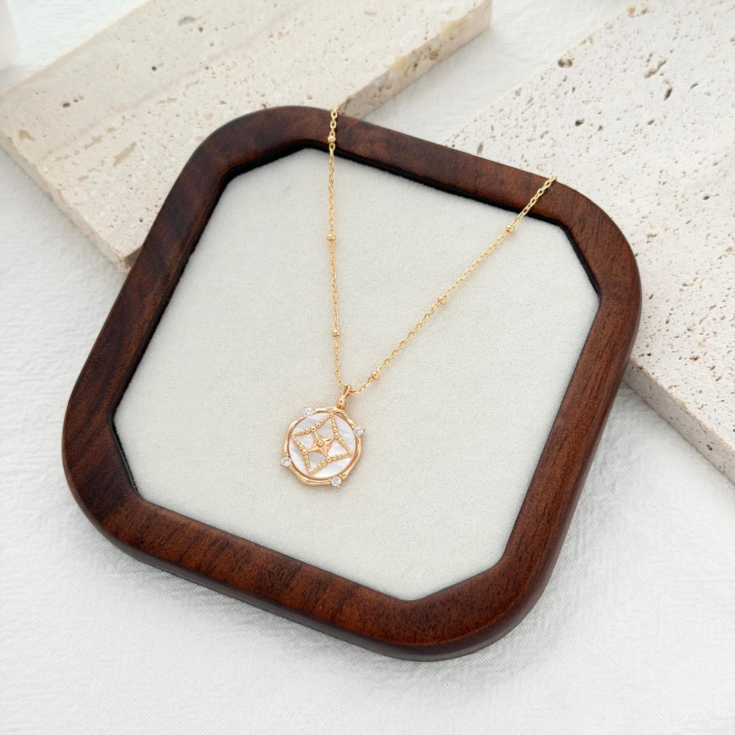 mother of pearl necklace gold star pendant with cubic zirconia accents
