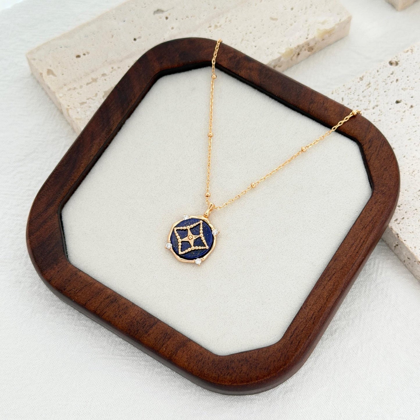 lapis lazuli star pendant necklace gold cz geometric necklace