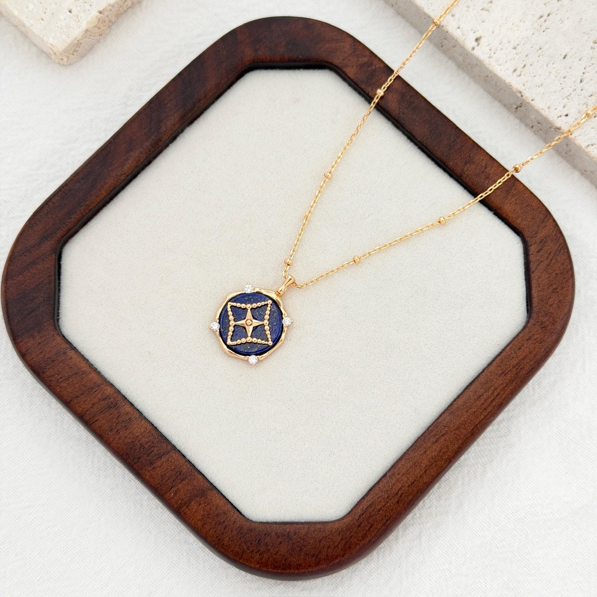 lapis lazuli necklace gold star pendant with cubic zirconia accents