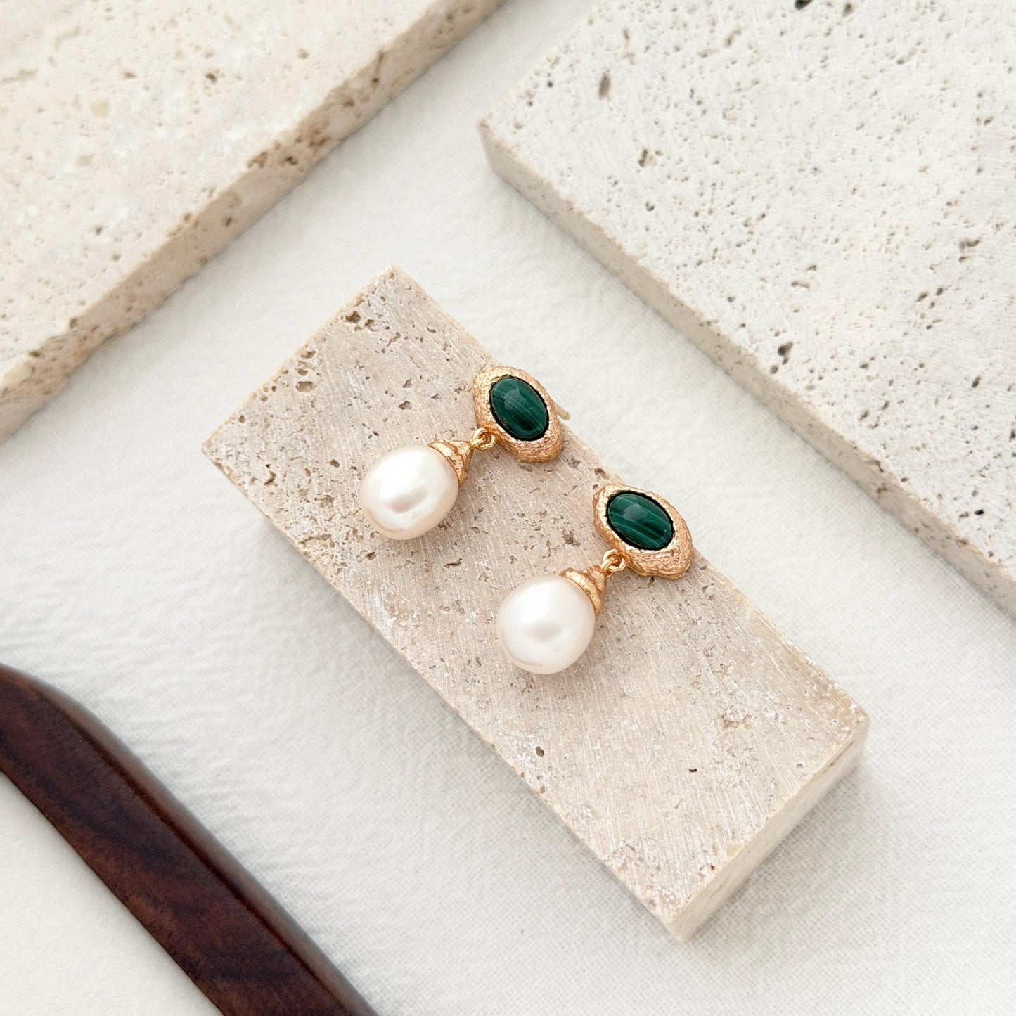 Elegant malachite and pearl earrings crafted in gold over sterling silver with statement design