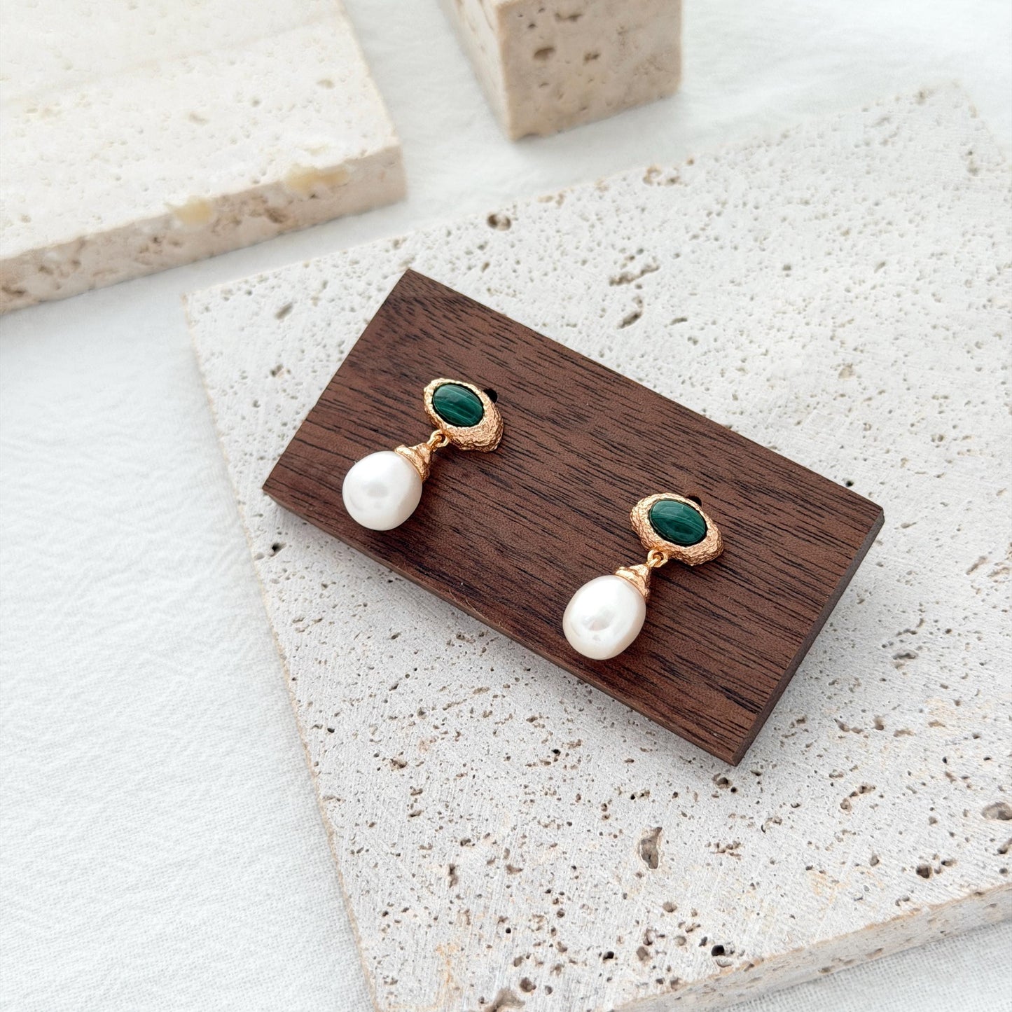 Green malachite drop earrings with freshwater pearls and organic vintage inspired gold details