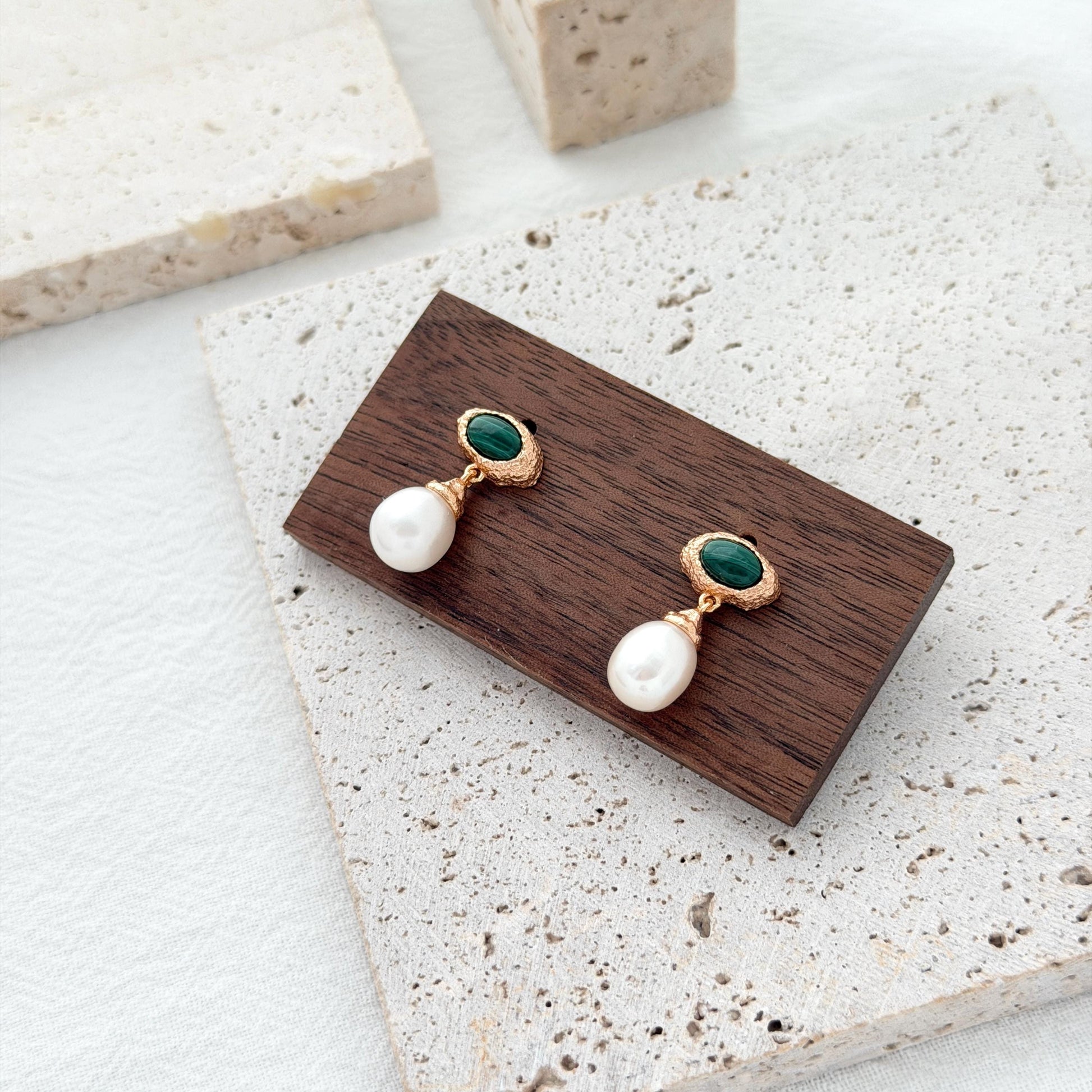Green malachite drop earrings with freshwater pearls and organic vintage inspired gold details