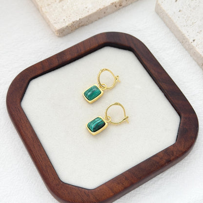 Modern green stone hoop earrings with rectangular malachite drops and everyday design