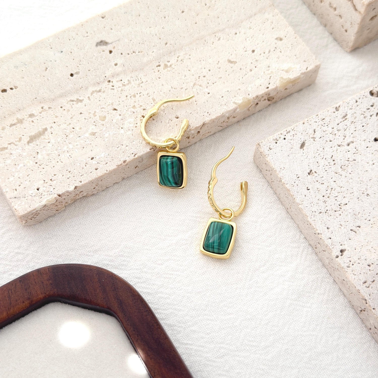 Green Pendant Hoop Dangle Earrings, Malachite Charm Drop Hoops, Small Gold Hoop Earrings, Minimal Green Stone Jewelry, Birthday Gift for Her