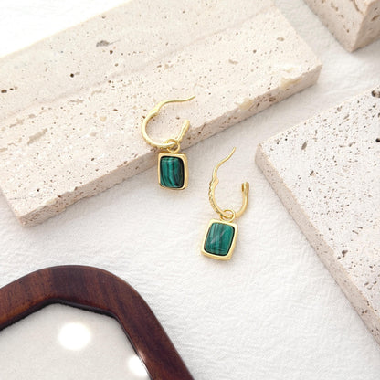 Green Pendant Hoop Dangle Earrings, Malachite Charm Drop Hoops, Small Gold Hoop Earrings, Minimal Green Stone Jewelry, Birthday Gift for Her