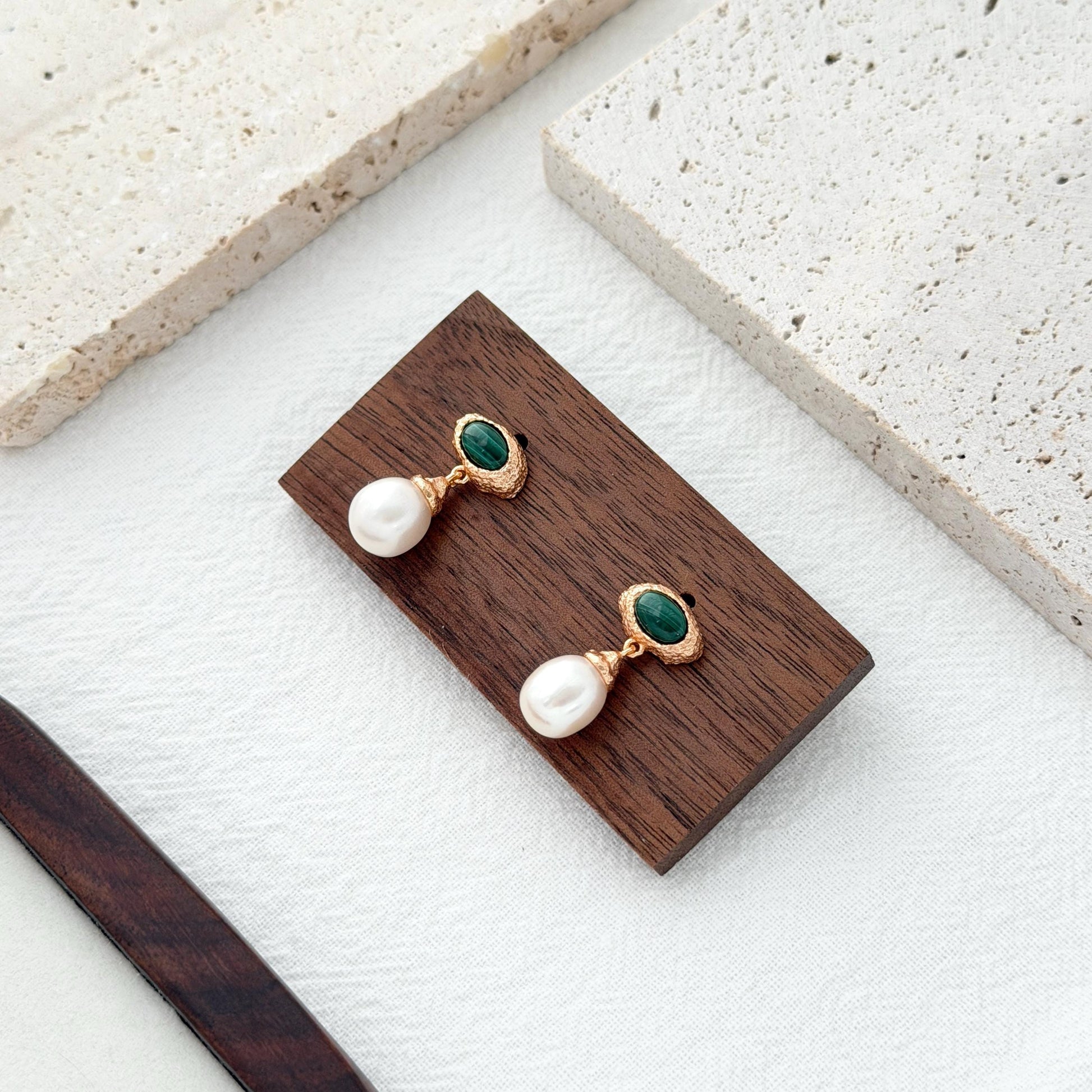 Deep green malachite earrings with baroque pearl drops and textured gold stud setting