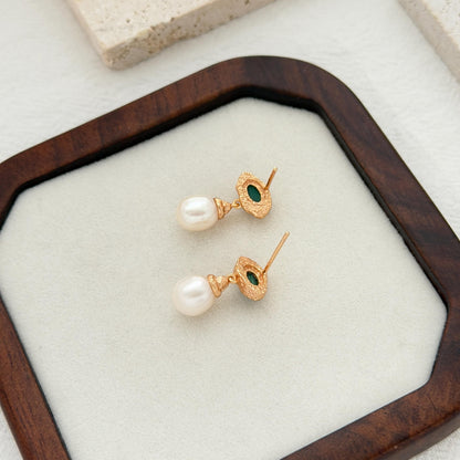 Statement pearl drop earrings with rich green malachite stones and vintage gold finish