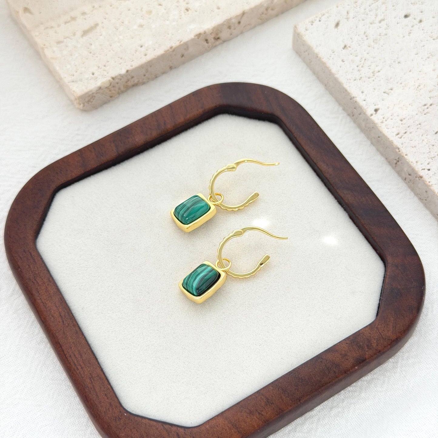Dainty malachite pendant hoops crafted in gold over sterling silver with elegant green stones