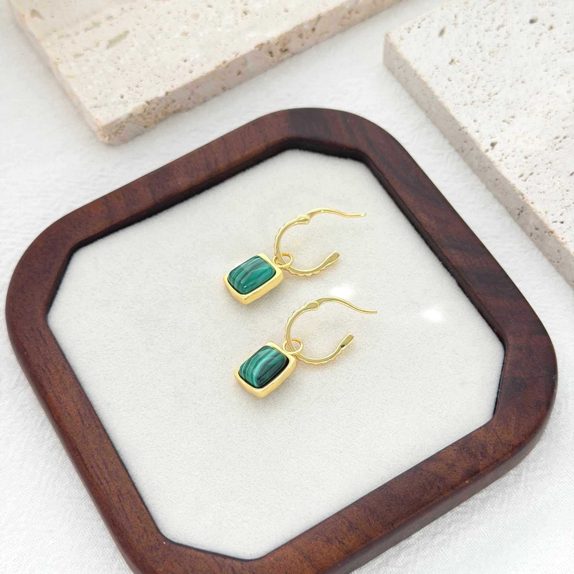 Dainty malachite pendant hoops crafted in gold over sterling silver with elegant green stones