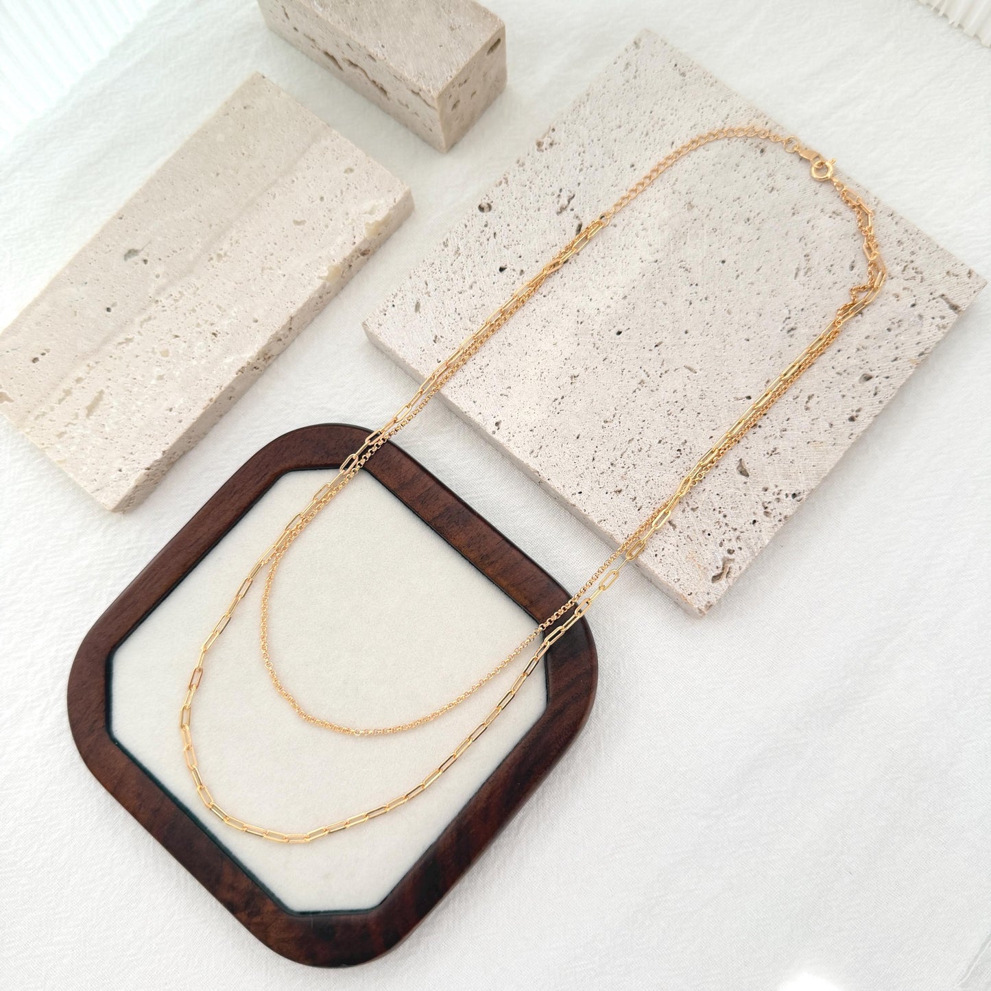 Double layer gold necklace with dainty chain pairing and minimalist everyday style