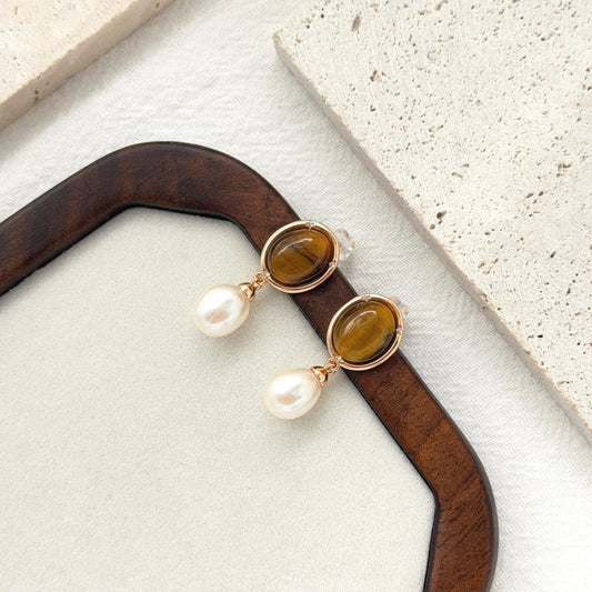 Vintage Brown Tiger Eye Earrings, Freshwater Pearl Drop Earrings, Gold Gemstone Dangles, Warm Brown Statement Jewelry, Birthday Gift for Her