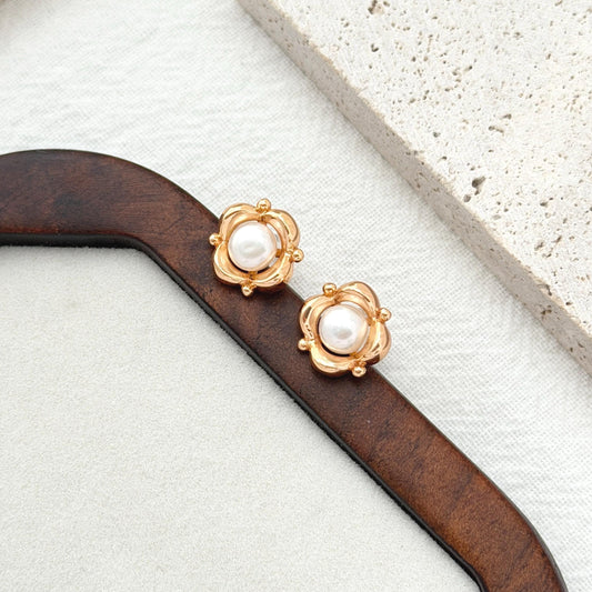 Vintage Pearl Flower Stud Earrings, Gold Floral Statement Earrings, Sculptural Pearl Studs, Bridal Wedding Jewelry, Birthday Gift for Her
