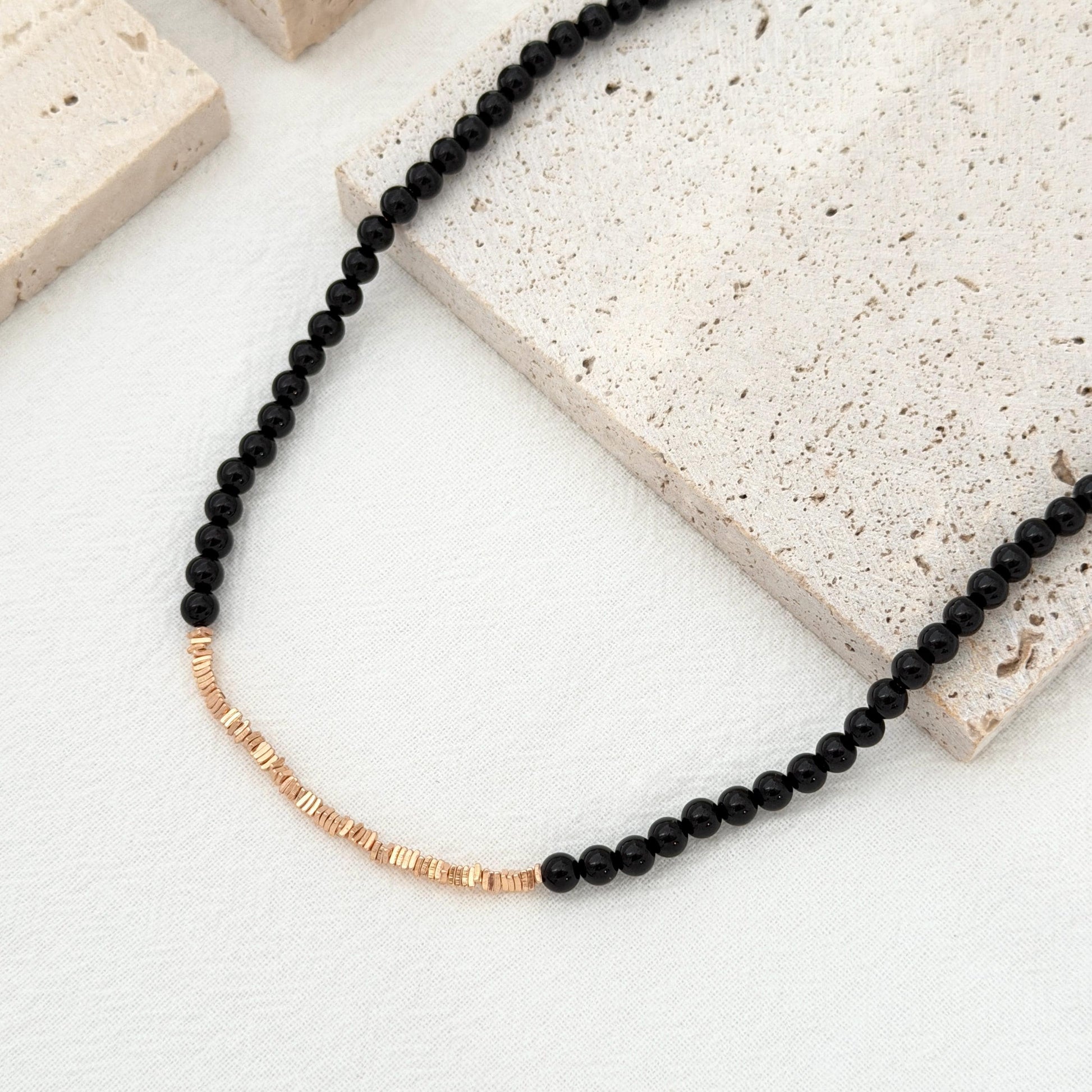 Black Beaded Necklace, Black Onyx Choker, Gold Accent Necklace, Minimal Black Gemstone Jewelry, Everyday Necklace, Layering Gift for Her