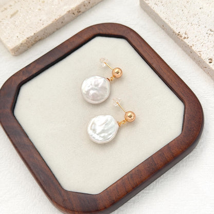 Gold Stud Earrings with Natural White Baroque Freshwater Pearls