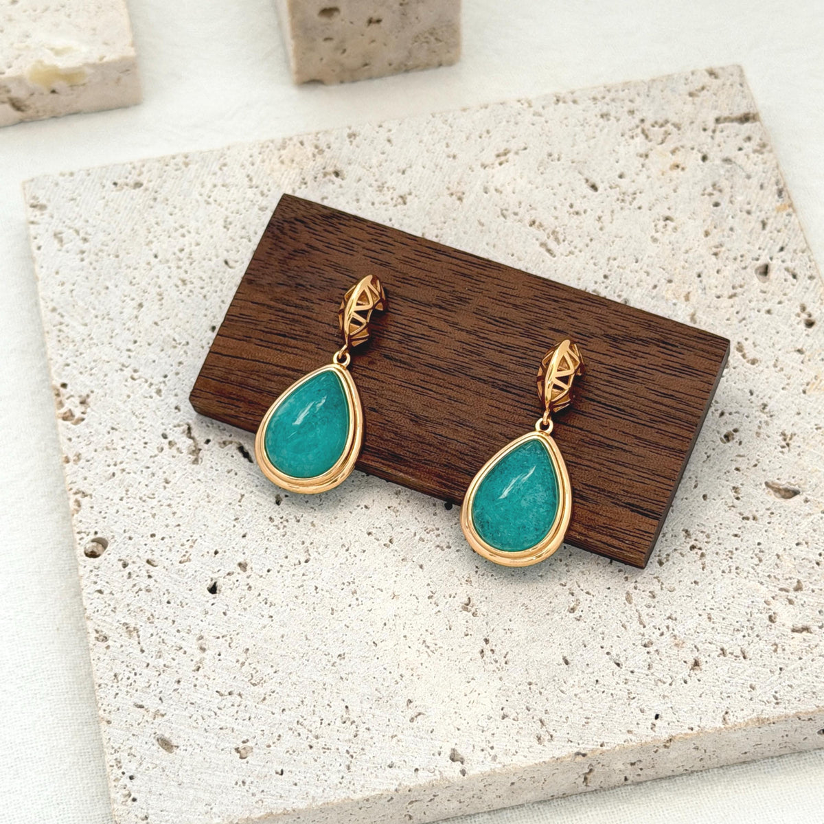 Gold Gemstone Earrings with Large Amazonite Teardrop Pendants