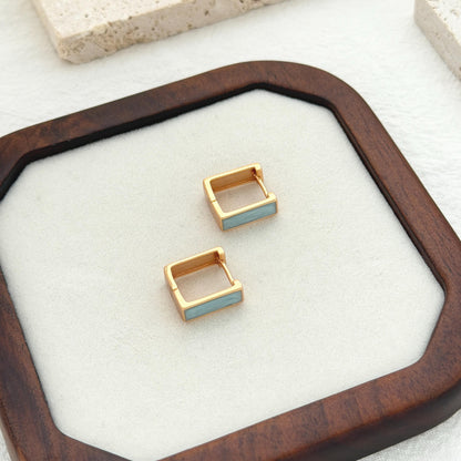 Gold Geometric Hoop Earrings with Soft Blue Enamel Detail