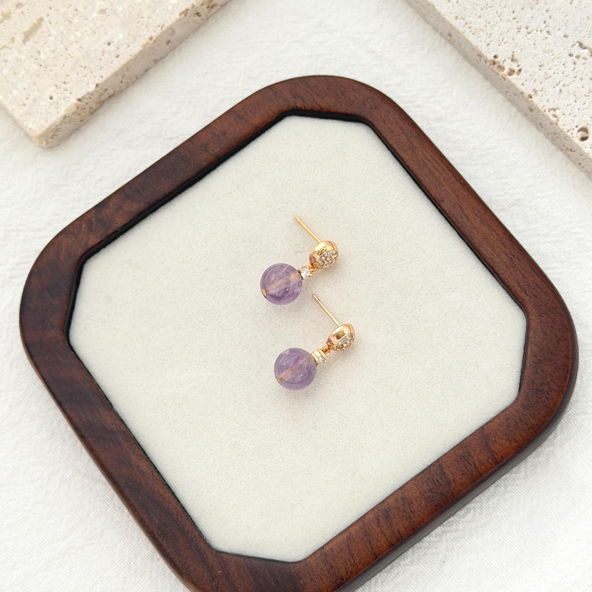 Gold Stud Earrings with Purple Amethyst Bead Drops