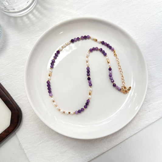 18K gold freshwater pearl and amethyst beaded necklace in gift box, ideal bridesmaid or birthday gift.