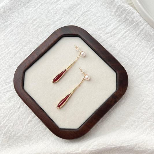 18K gold freshwater pearl dangle earrings with red glaze enamel in gift box, perfect gift for brides, bridesmaids, or birthdays.