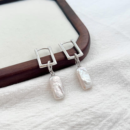 Silver rectangle baroque freshwater pearl dangle earrings, minimalist hoop drop style for women